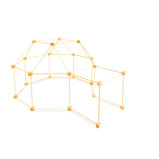 Complete fort kit contents showing 72 beech wood clips, connector rods and Starry Night printed fabric panels, 1001 Cabanes Écureuil all-in-one celestial den building set