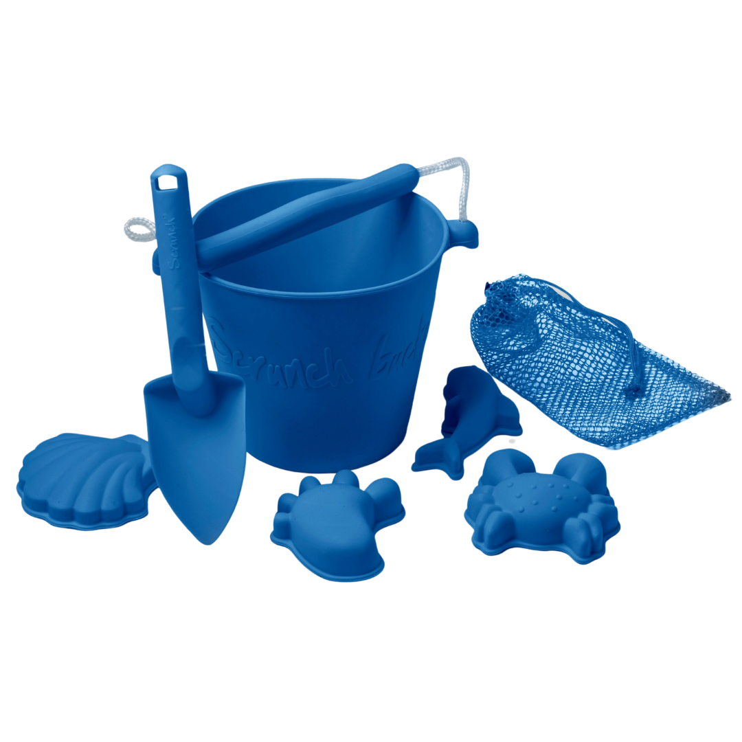 Blue Beach Toy Bundle Scrunch Bucket Spade Moulds