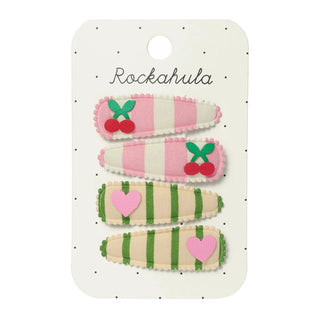 Kids hair clips with Cherry Kiss Fabric Clip Set design, Rockahula Kids hair accessory, gentle hold for fine hair and party outfits, ages 3 plus
