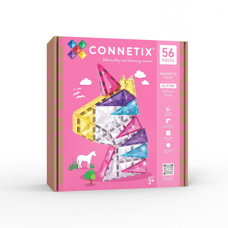Connetix Glitter Unicorn Pack 56 sparkly magnetic tiles in pink, purple and turquoise with safely sealed glitter, imaginative castle and fairy building set for kids