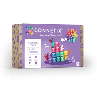 64-piece Connetix Pastel magnetic tiles starter set in eight calming colours, first building blocks with strong beveled-edge magnets, safe creative toy for ages 3 plus