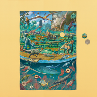 Completed 100-piece dinosaur jigsaw showing T-Rex and prehistoric species with size and diet facts, Londji Age of Dinosaurs panoramic puzzle 32 x 85 cm for children