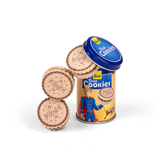 Erzi wooden play food 3 cookies in metal storage tin for tea party role-play, hand-painted solid beech wood, made in Germany