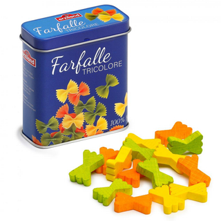 Erzi wooden play food farfalle bow-tie pasta pieces in metal storage tin, hand-painted solid beech wood, made in Germany