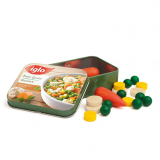 Erzi wooden play food frozen vegetable mix in Iglo-style tin with authentic packaging design, solid beech wood, made in Germany