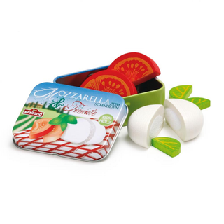 Aliments factices en bois Erzi : morceaux de mozzarella et de tomate caprese dans une boîte de rangement en métal, bois de hêtre massif peint à la main, fabriqué en Allemagne.