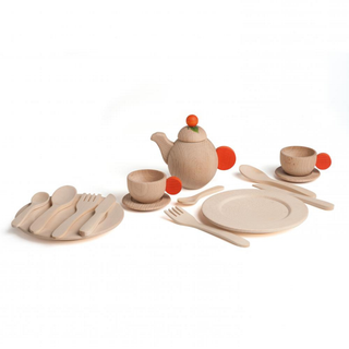 Erzi wooden play kitchen crockery set with plates, cups and cutlery in smooth splinter-free solid beech wood, made in Germany