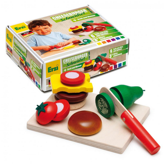 Erzi wooden play food sliceable cheeseburger set with hook-and-loop layers including bun, patty, cheese and toppings in beech wood, made in Germany