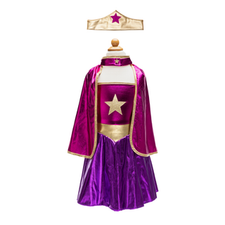 Costume de super-héros rose et lilas pour filles avec tunique à étoiles métalliques, cape et masque, déguisement trois pièces Great Pretenders pour les 4 à 6 ans.