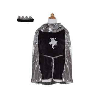 Costume d'armure de chevalier argenté pour enfant avec tunique métallique, cape et couronne, costume médiéval trois pièces Great Pretenders pour les 7 à 8 ans