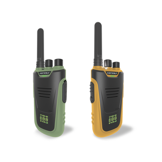 Kidywolf Kidytalk long range walkie talkies in green and orange with 6km range, backlit screen, built-in flashlight and USB-C rechargeable battery