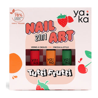 Nail art kit for kids with 2-in-1 polishes and precision pen, YAKA Tutti Frutti Nail Art Kit, clean water-based formulas made in France, ages 10 plus