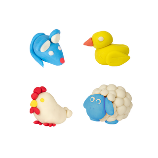 Farm animals sculpted with Loolipo Pataqua primary colour play dough including blue mouse, yellow duck, white chicken and blue woolly sheep, plant-based creations for toddlers