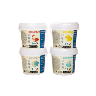 Boîte Loolipo Pataqua Maxi Pots accompagnée de 4 grands pots de 500 g de couleur rouge, jaune, blanche et bleue, pâte à modeler végétale en vrac offrant une quantité généreuse pour les séances en groupe et les projets ambitieux.