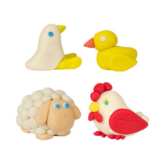 Farm animals sculpted with Loolipo Pataqua 500g play dough including white goose, yellow duck, woolly sheep and red-winged chicken, plant-based primary colour creations for group play