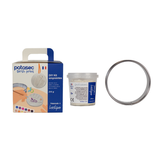 Kit per impronte delle mani e dei piedi del bebè con vasetto di argilla bianca da 210 g ad asciugatura all'aria e anello di ritaglio in metallo; kit ricordo atossico a base vegetale Loolipo Patasec Birth Print, ideale come regalo per baby shower e per i neogenitori, prodotto in Francia