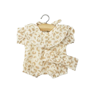Doll romper for 28cm Babies in organic cotton leopard print with matching headband, Minikane Eva Féline outfit, dress-up play accessory for children aged 3 plus, handmade in France