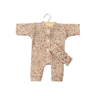 Combinaison pour poupée de 28 cm, en tricot côtelé imprimé fleurs cacao, avec bandeau assorti, tenue fleurie Minikane Lili, cadeau éducatif pour enfants de 3 ans et plus, fabriquée à la main en France.