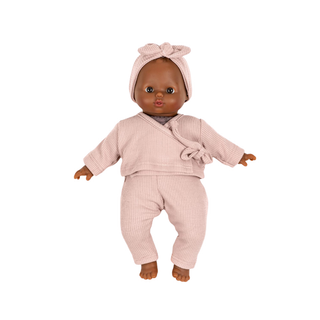Doll wrap outfit for 28cm Babies in petal pink organic cotton with headband, Minikane Roxane three-piece set, delicate doll dressing gift for children aged 3 plus, handmade in France