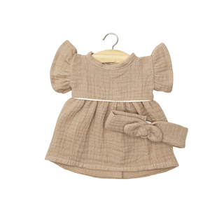 Doll dress for 34cm Gordis in lightweight mocha cotton gauze with matching headband, Minikane Daisy neutral-tone outfit, breezy summer doll dressing gift for ages 3 plus, handmade in France