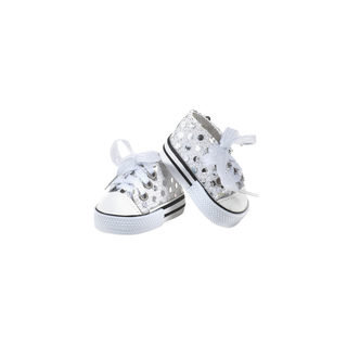 Doll trainers for 34cm Gordis in white canvas with sparkly sequin detail, Minikane Komvers velcro sneakers, doll footwear accessory for children aged 3 plus