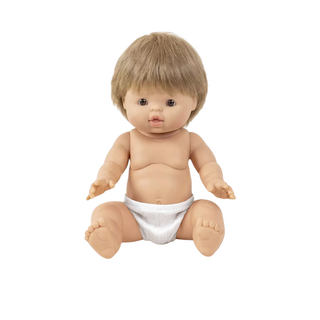 Minikane 34cm Gordis doll wearing Buffalo hiking outfit in organic cotton flannel with buffalo check pattern, French-made doll clothing for outdoor adventure and imaginative play