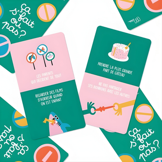 Carte da gioco sulle abilità sociali che illustrano dilemmi comportamentali in francese; attività di sviluppo dell'empatia "Ça s'fait Pas" di Minus Éditions; esercitazione di francese per bambini francofoni e bilingui