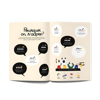 Sibling memory journal open showing illustrated pages for multiple children's answers, Minus Éditions French keepsake documenting francophone brothers and sisters growing up together