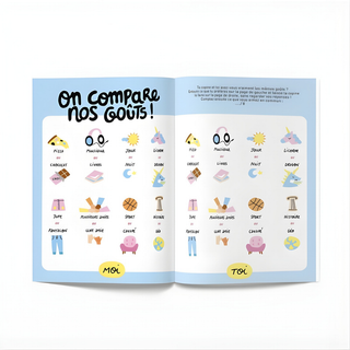 Friendship journal open showing secret-sharing and memory pages in French, Minus Éditions fill-in book for best friends, sleepover and birthday party gift for francophone girls