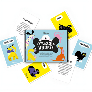 Carte da conversazione sugli animali domestici con domande su gatti e cani in francese, set "Miaou Wouaf" di Minus Éditions dedicato alle famiglie francofone e bilingui che amano gli amici a quattro zampe