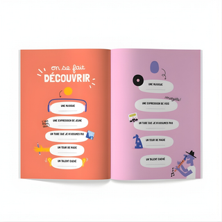 Godparent memory journal open showing illustrated pages for memories, Minus Éditions French keepsake honouring the parrain and marraine relationship, gift for families raising children in French