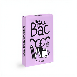 Cartes de jeu de mots en français avec 54 catégories personnelles de type Scattergories, jeu de société pour enrichir son vocabulaire Minus Éditions Mon Petit Bac, soirée jeux en français pour les familles bilingues, à partir de 7 ans.