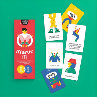 Carte da gioco per bambini dedicate al movimento, con immagini di balli e sfide fisiche in francese; set di giochi attivi «Move It» di Minus Éditions, un’attività per i giorni di pioggia che fa alzare dal divano le famiglie bilingui