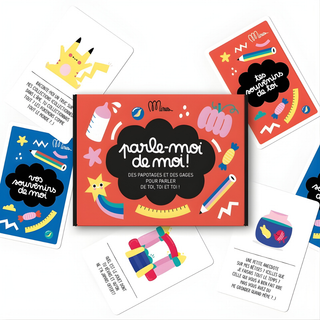 Carte per la scoperta di sé con domande sull'identità e sui sentimenti in francese, set di Minus Éditions "Parle-moi de Moi" sull'intelligenza emotiva, pensato per sviluppare la consapevolezza di sé nei bambini che imparano il francese