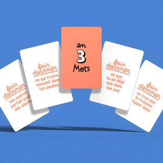 Carte per un gioco di indovinelli in cui le parole vengono scoperte e descrivono sfide in francese; gioco di società "Ping Pong Mot" di Minus Éditions: una serata di giochi in famiglia per migliorare la padronanza del francese attraverso un divertimento frenetico