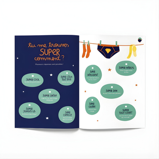 Father-son fill-in journal open showing shared prompts in French, Minus Éditions keepsake celebrating the father-son connection, Fête des Pères gift for francophone families