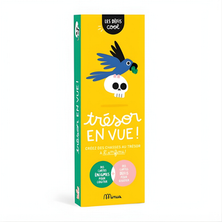 Schede per una caccia al tesoro in francese con 50 sfide da svolgere all’interno e all’esterno; gioco con indizi già pronti “Trésor en Vue” di Minus Éditions; attività per feste di compleanno per bambini francofoni dai 5 anni in su