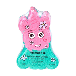 Unicorn-shaped bath bomb for girls with pink swirling colours and gentle fizz 120g, Nailmatic Pink Unicorn skin-friendly formula, birthday gift for unicorn fans aged 3 plus