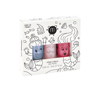 Mermaid nail polish set for girls with 3 ocean shimmer shades, Nailmatic water-based washable trio, vegan cruelty-free, under-the-sea gift for kids aged 3 plus, made in France
