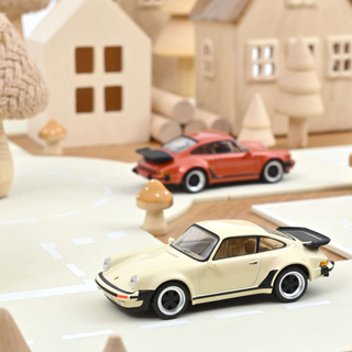 Die-cast Porsche 911 Turbo toy car in light beige with whale tail spoiler 1:43 scale, Norev Jet-Car 1978 classic sports car for kids, vintage gift aged 3 plus, designed in France