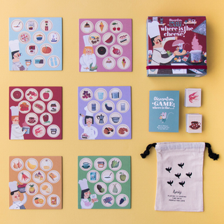 Kitchen speed game cards spread showing cooking ingredients to find and grab fastest, Londji Where is the Cheese portable observation game for children and families