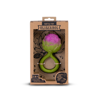 Oli & Carol artichoke rattle toy in kraft box showing 2-in-1 natural rubber teether and rattle with cherry seed sounds