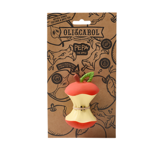 Oli & Carol Pepa, jouet de dentition et jouet de bain en caoutchouc naturel, présenté dans un emballage kraft et accompagné de labels certifiant la sécurité du jouet et l'origine naturelle du caoutchouc.