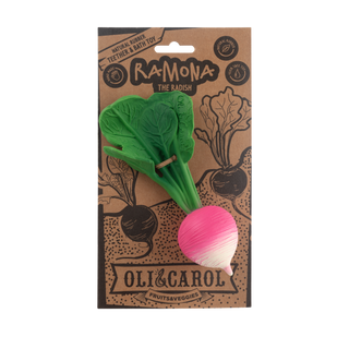 Oli & Carol Ramona the Radish natural rubber teether and bath toy in kraft packaging with handmade and safe toy badges
