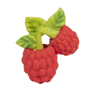 Oli & Carol Valery the Raspberry baby teether in textured Hevea rubber with bumpy red berries and green stem detail