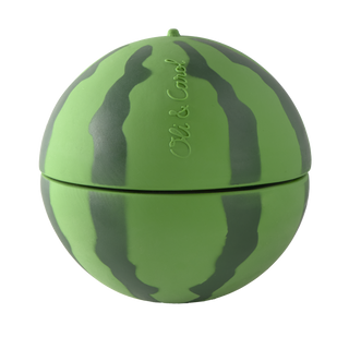 Oli & Carol watermelon stacking toy fully assembled showing green striped natural rubber ball with embossed branding