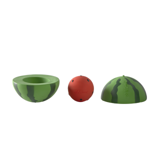 Oli & Carol watermelon stacking toy with all three pieces displayed separately, two green striped half shells and red rattle ball in natural Hevea rubber