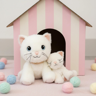 Olli Ella Dinkum Cat Lux and Binky Kitten Kiki together outside pink striped house surrounded by pastel yarn balls, white cotton mother and baby cat soft toys for imaginative play