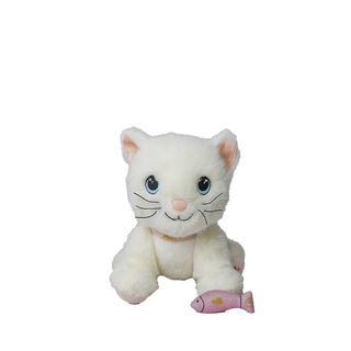 Olli Ella Dinkum Cat Lux and Binky Kitten Kiki on white background showing poseable standing position, embroidered blue eyes, whiskers and rainbow paw detail on weighted cotton cat