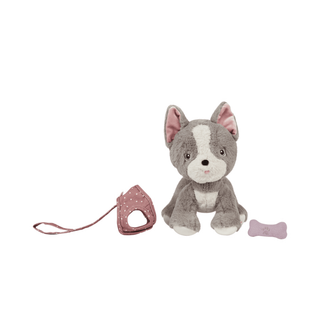Olli Ella Dinkum Dog Gizmo close-up showing grey cotton fur with white face markings, pink inner ears, stitched nose and embroidered paw, weighted poseable dog for realistic pet play